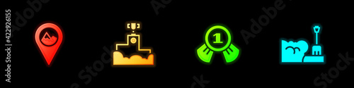 Set Location with mountain, Award winner podium, Medal and Shovel snowdrift icon. Vector