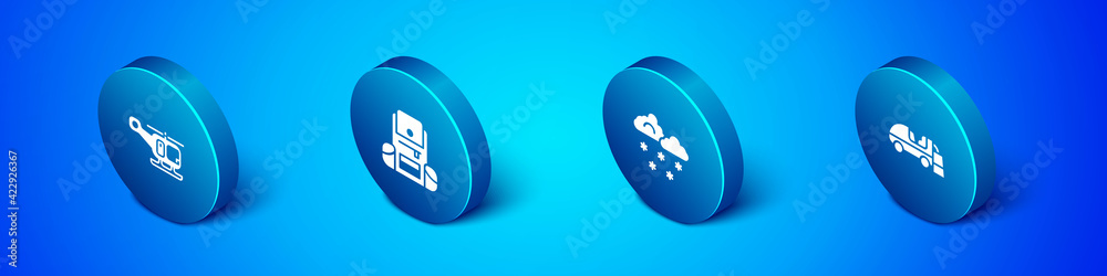 Set Isometric Rescue helicopter, Cloud with snow, Ice resurfacer and Hiking backpack icon. Vector Set Isometric Rescue helicopter, Cloud with snow, Ice resurfacer and Hiking backpack icon. Vector
