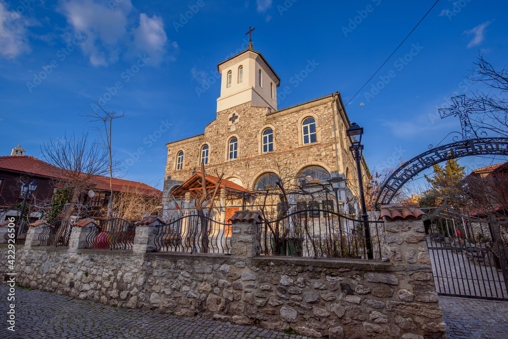 Nessebar, Burgas,  Bulgaria. Church of Saint Mary or Dormition of Theotokos in old town. The Ancient City of Nesebar is a UNESCO World Heritage