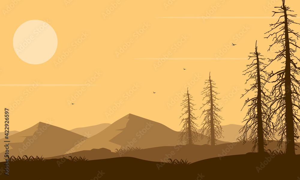 Aesthetic silhouette of mountains and dry trees at sunset in the afternoon. Vector illustration