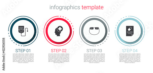 Set IV bag, Male head with hospital, Eyeglasses and Medical prescription. Business infographic template. Vector