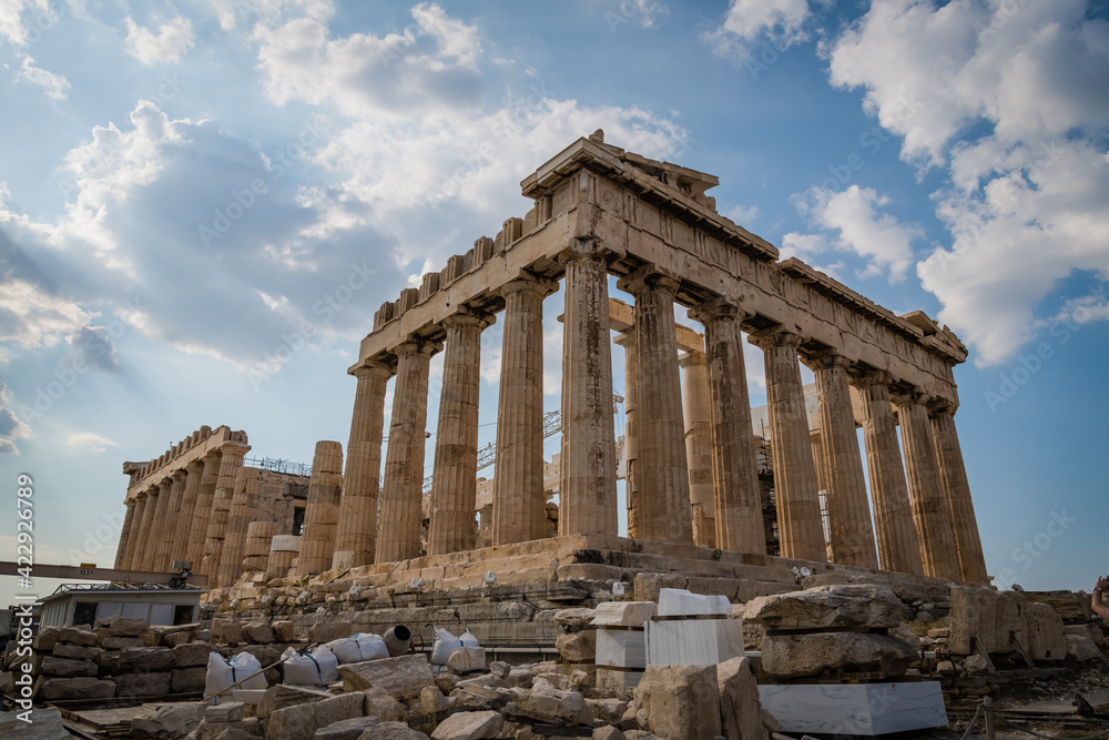Parthenon on Acropolis, Athens, Greece. It is top landmark of Athens. Famous temple in Athens city center. Scenery of Greek ruins, remains of classical culture. 