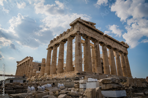 Parthenon on Acropolis, Athens, Greece. It is top landmark of Athens. Famous temple in Athens city center. Scenery of Greek ruins, remains of classical culture. 