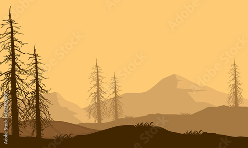 Afternoon atmosphere in the countryside with incredible mountain views. Vector illustration