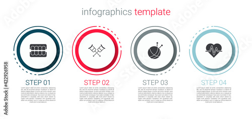 Set False jaw, Crutch or crutches, Yarn ball with knitting needles and Heart rate. Business infographic template. Vector