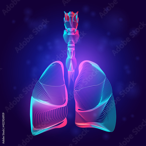 Human lungs medical structure. Outline vector illustration of body part organ anatomy in 3d line art style on neon abstract background