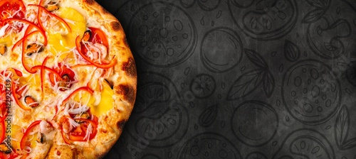 Delicious Italian pizza with painted food ingredients. Cooking background concept.