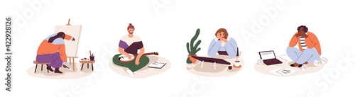 Creativity crisis and burnout concept. Set of sad creative people with no ideas and inspiration, problems with imagination at work. Colored flat vector illustration isolated on white background