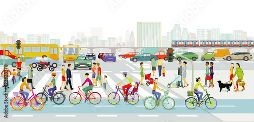 Hauptstraßen in einer Großstadt mit viel Straßenverkehr und Fußgänger  auf dem Zebrastreifen
