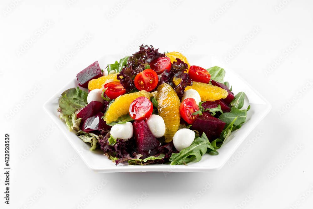 Isolated beetroot and mozzarella salad on the white background
