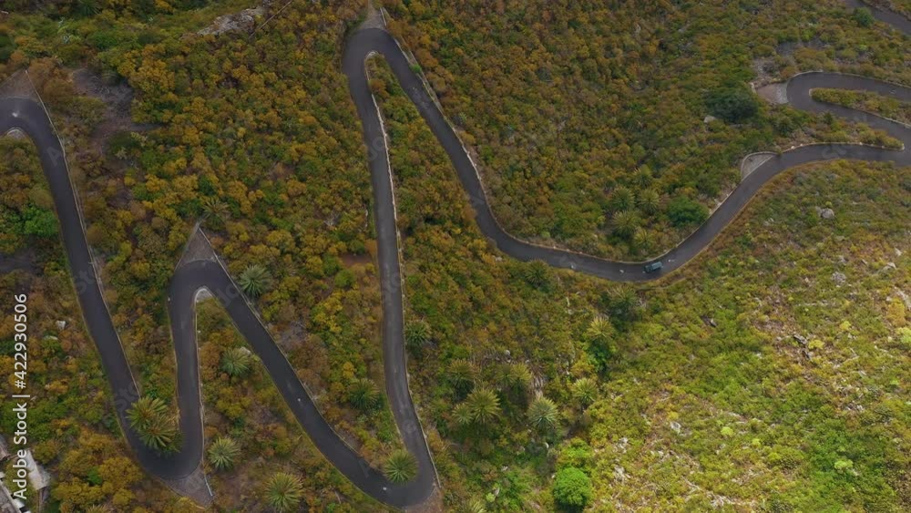 Top view of the surface of the island of Tenerife - car drives on a winding mountain road in a desert arid landscape. Canary Islands, Spain Top view of the surface of the island of Tenerife - car drives on a winding mountain road in a desert arid landscape. Canary Islands, Spain