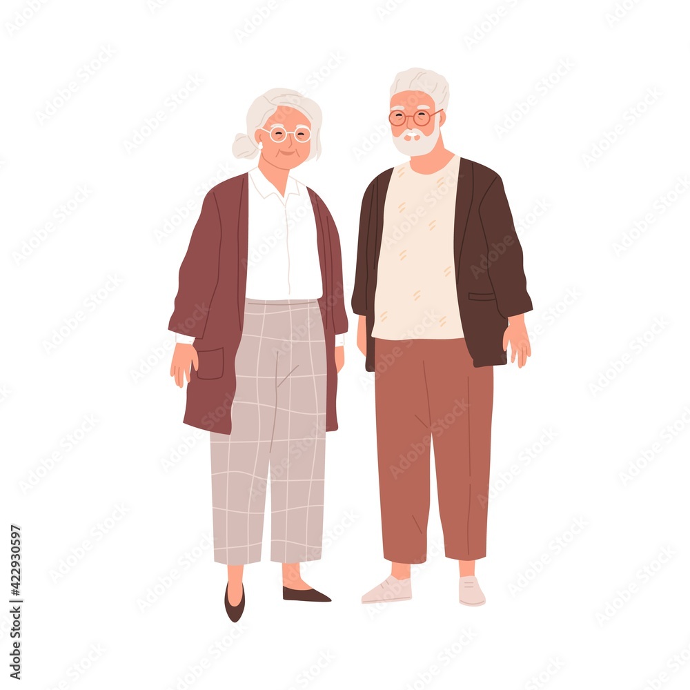 Portrait of senior couple of old people isolated on white background. Aged man and woman standing together. Colored flat vector illustration of retired gray-haired grandmother and grandfather
