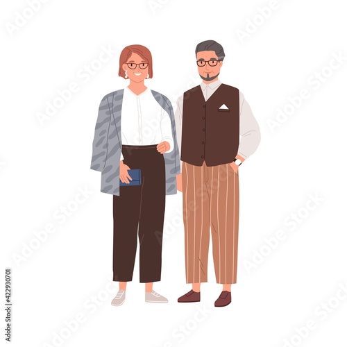 Senior couple of modern man and woman in eyewear. Portrait of happy elderly people in stylish casual clothes. Colored flat vector illustration of aged characters isolated on white background