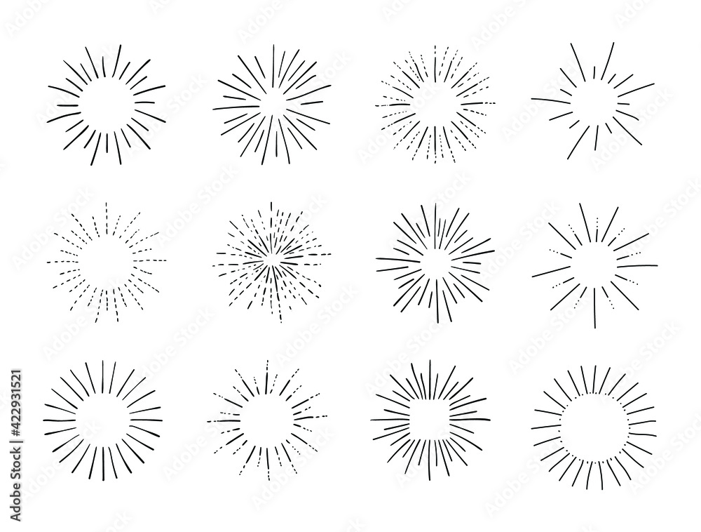 Vector Set of Retro Circle Frames, Rays, Shining Isolated on White Black Outline Drawings, Vintage Sketch Design Elements Collection.
Vector Set of Retro Circle Frames, Rays, Shining Isolated on White Black Outline Drawings, Vintage Sketch Design Elements Collection.