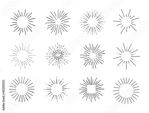 Vector Set of Retro Circle Frames, Rays, Shining Isolated on White Black Outline Drawings, Vintage Sketch Design Elements Collection. 