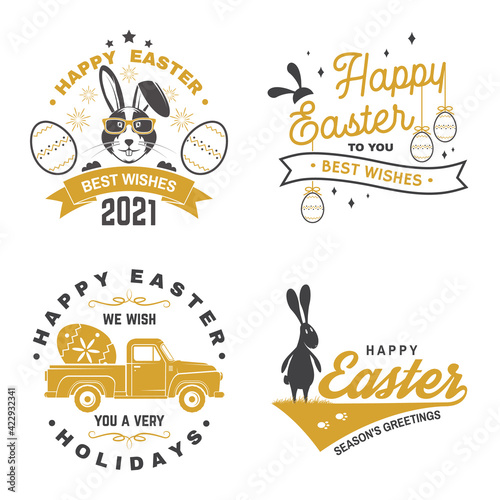 Happy Easter card, badge, logo, sign. Vector. Typography design with easter rabbit and hand eggs. Modern minimal style. For poster, greeting card, overlay, sticker. Easter Egg Hunt