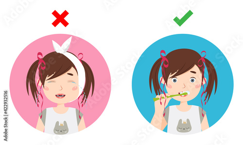 Little girl crying of toothache and girl brushing teeth. Dental care vector illustration.