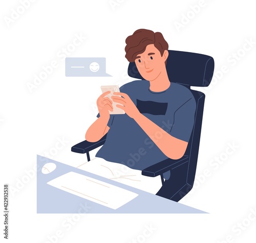Happy young man using mobile phone app for chatting online and texting messages. Guy with smartphone during virtual communication. Colored flat vector illustration isolated on white background