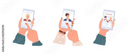 Love match between man and woman in dating app. Male and female hands holding mobile phones with application for couple building. Colored flat vector illustration isolated on white background