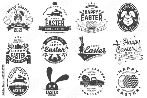 Happy Easter card, badge, logo, sign. Vector. Typography design with easter rabbit and hand eggs. Modern minimal style. For poster, greeting card, overlay, sticker. Easter Egg Hunt