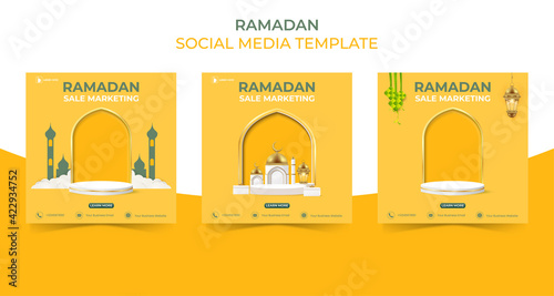 editable square social media post template. ramadan sale banner concept for promotion with podium.