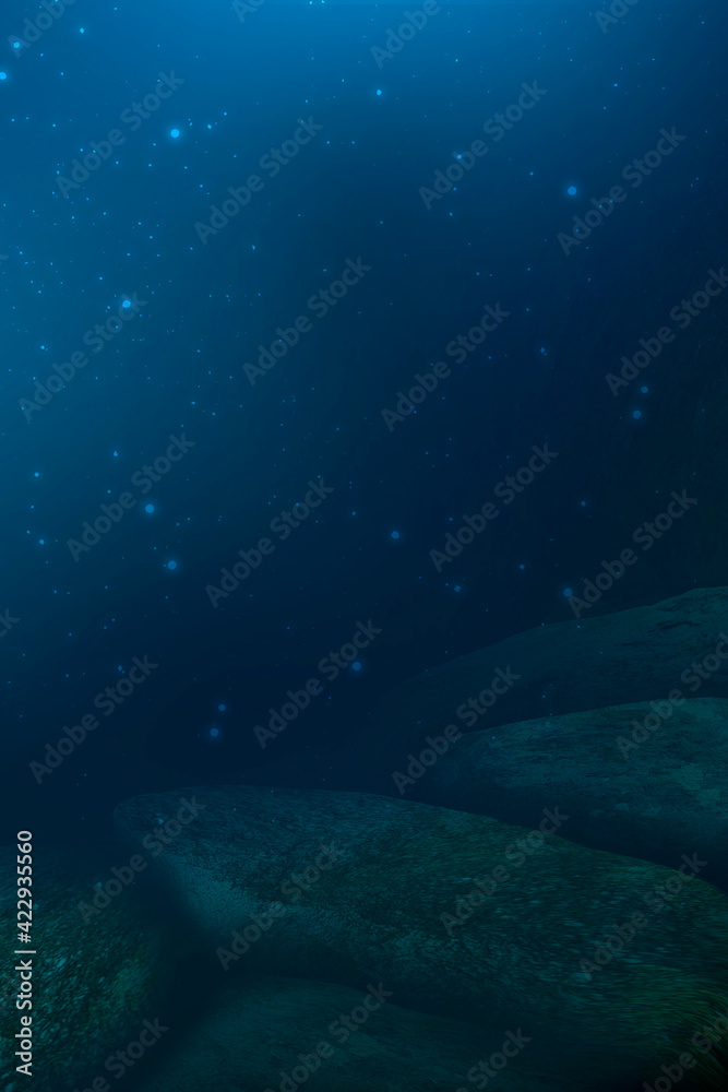Fototapeta premium Depth of sea water, the bottom of the sea, the rays of the sun through the water, the underwater world, dark sea the background. Rocks and stones under water. Sea sand. 3d illustration 