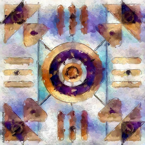 Endless seamless pattern with abstract geometric ornament. Oil painting with beige, brown, blue, violet and purple colors. Print for phone case, tile, poster, pillow, gift and wrapping paper.