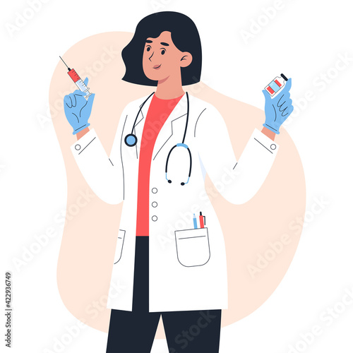 Vaccination and injection, female doctor in medical gown with vaccine