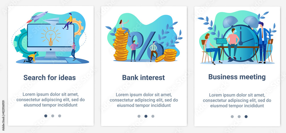 Fototapeta premium Modern flat illustrations in the form of a slider for web design. A set of UI and UX interfaces for the user interface.Search for ideas, bank interest, and business meeting.