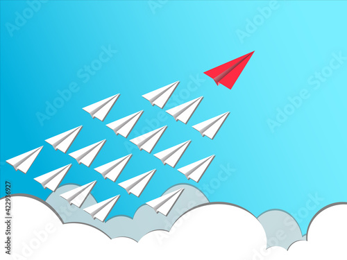 Meaningful symbols to leadership or different and Team work concept with red and white paper airplane path on blue background. Use for education or Business concept. Mock up design. 3d abstract.