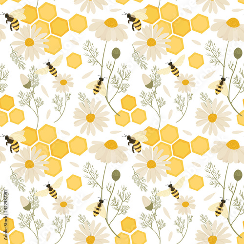 Seamless pattern with bees. Vector hand draw illustration.