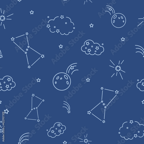 Space - vector seamless pattern with a linear cosmic elements on a blue
 background.