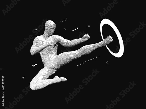 Karate man trains a kick in the jump to the side on the simulator. Asian martial arts. Emblem for sport training. Vector illustration for banner, flyer, poster, cover or brochure.