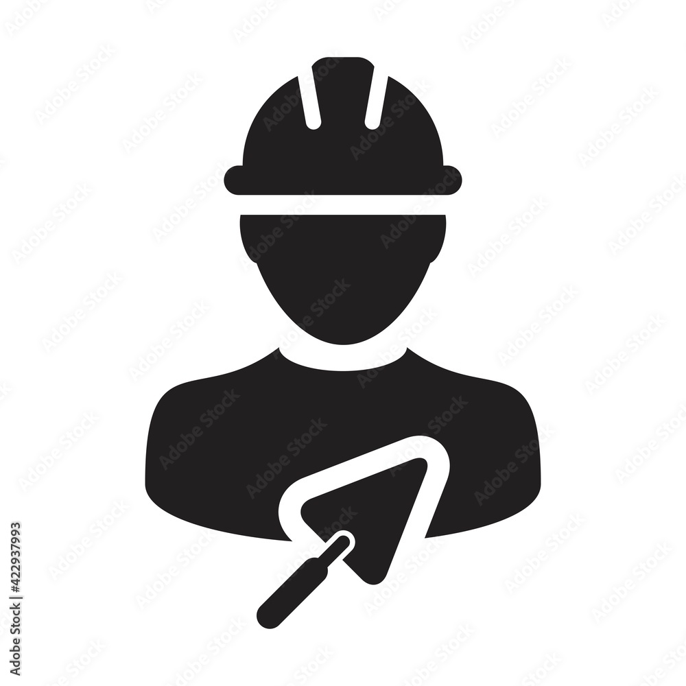 Builder icon with trowel vector male construction mason contractor worker person profile avatar with hardhat in a glyph pictogram illustration
