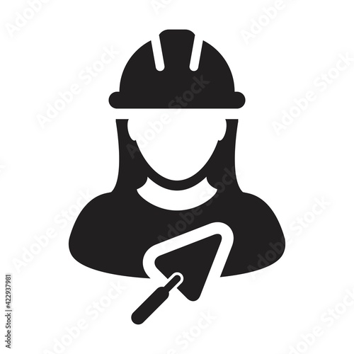 Construction worker icon with trowel vector female contractor person profile avatar with hardhat helmet in a glyph pictogram illustration