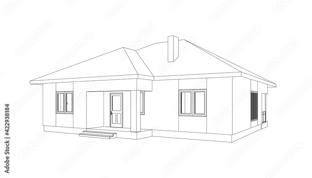 Modern building perspective 3D. Drawing of the suburban house. Outlines cottage on white background. House 3D model perspective vector. Cottage blueprint. EPS 10. Modern building perspective 3D. Drawing of the suburban house. Outlines cottage on white background. House 3D model perspective vector. Cottage blueprint. EPS 10.
