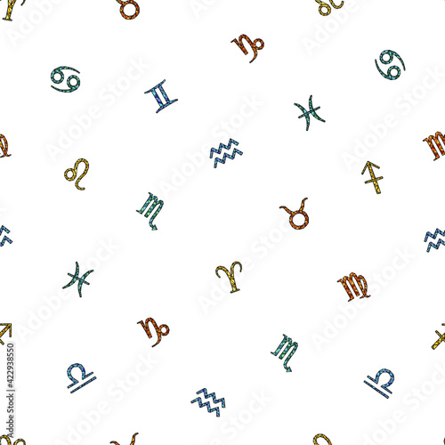 Seamless vector pattern with colourful zodiac signs on white background. 