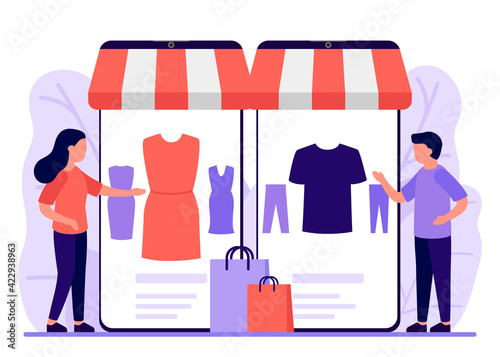 Mobile shopping, shop to online. Man and woman buy things in online store through phone app. Choose clothes through smartphone, online shopping, ecommerce. Vector illustration