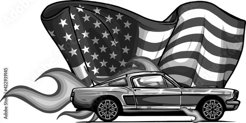 vector design of muscle car with flames and american flag