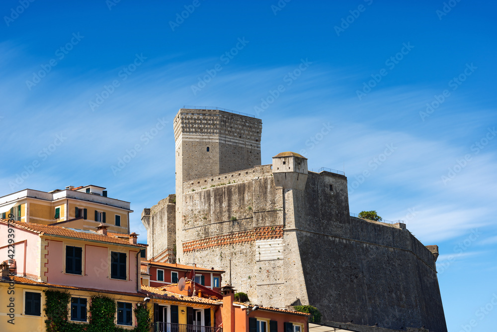 Closeup of the ancient Castle of Lerici town (1152-1555). Tourist resort on the coast of the Mediterranean sea (Ligurian Sea), Gulf of La Spezia, Italy, Europe.