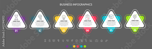 Modern and simple flat vector triangle infographic with six steps. Timeline for diagram, chart, web, banner, presentations, flowchart, info graph, content, levels, chart, processes diagram