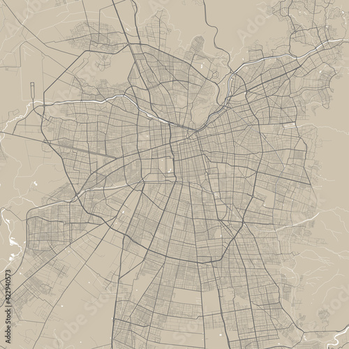 Detailed map of Santiago city, linear print map. Cityscape panorama.