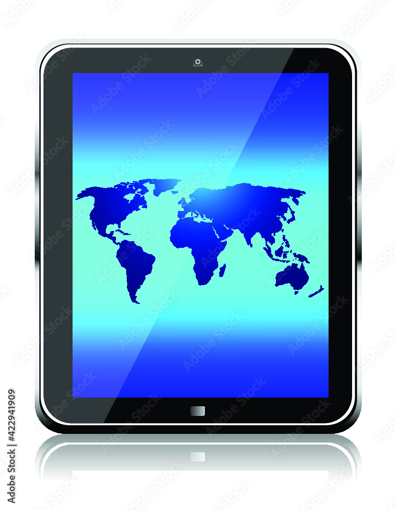 Tablet computer with world map on a white background Tablet computer with world map on a white background