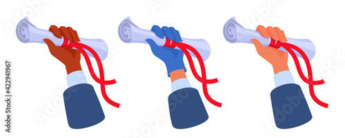 Human hand holding a diploma, a document, a certificate paper scroll of graduation, award. Medical glove. A vector cartoon illustration.