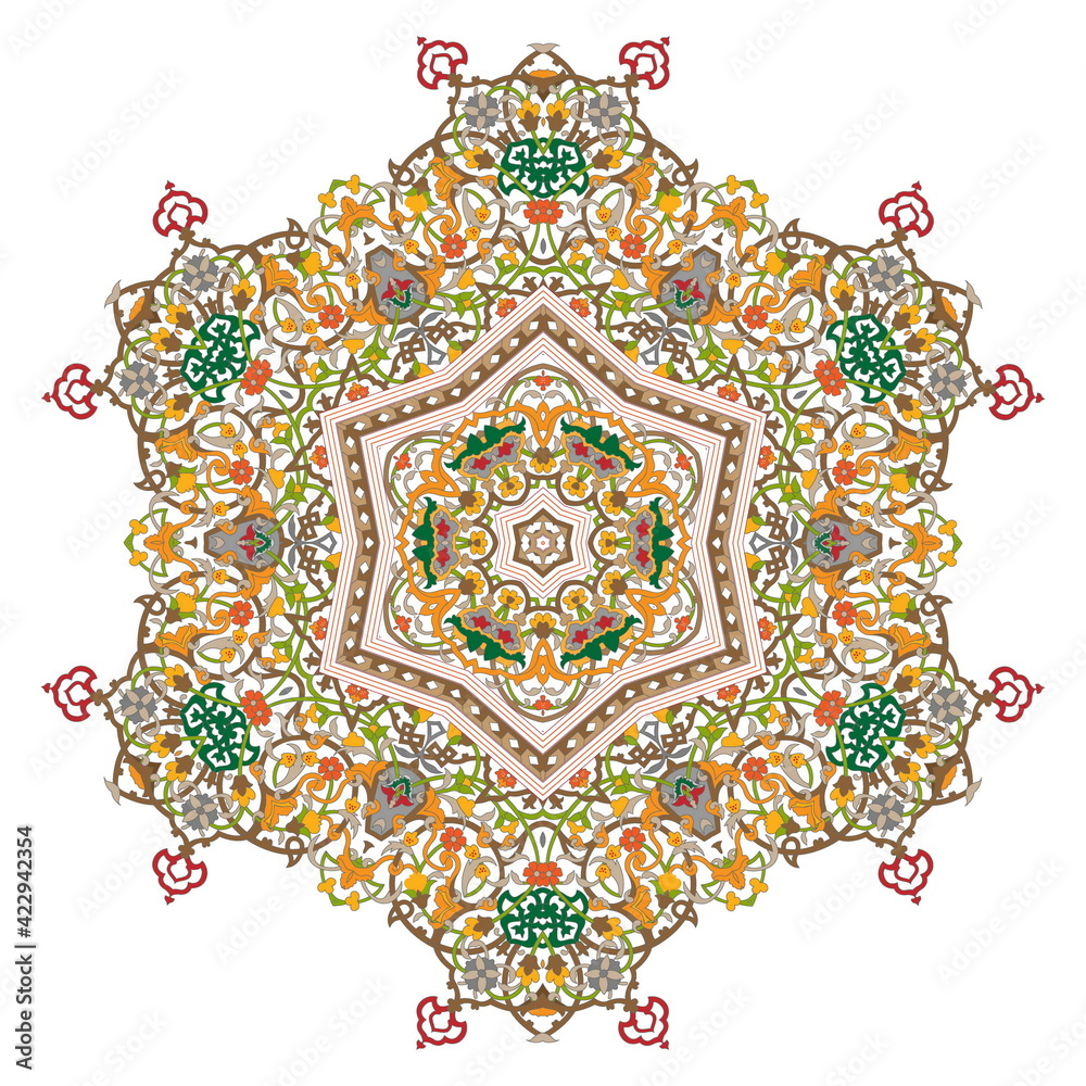 Hex with intricate pattern. Flower with six patterned petals. Mandala.