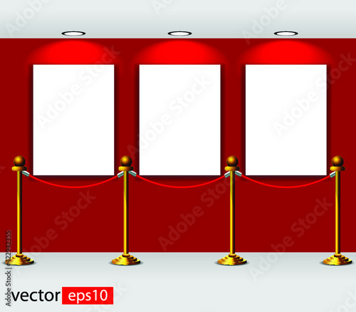 Gallery Interior with empty frames and gold stanchions on red wall. Vector illustration