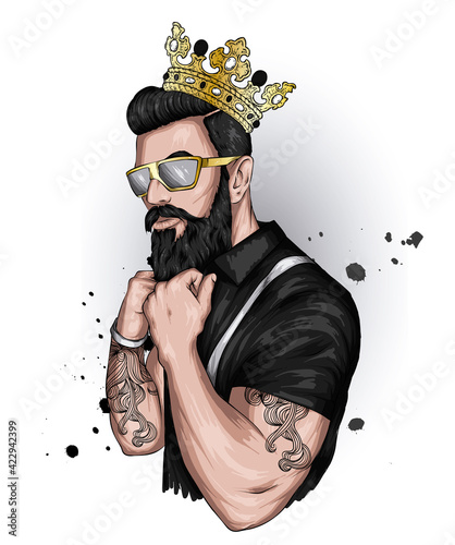 Handsome muscular hipster guy with stylish hairstyle. A man with a beard. Fashion and style, clothing, accessories and tattoos.