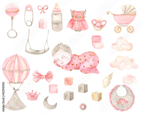Watercolor hand painted newborn girl set  with cute sleeping baby, stroller, balloon, bottle, pacifier, bow, bib, clouds. Design for baby shower, textile, print, nursery decor, children decoration
