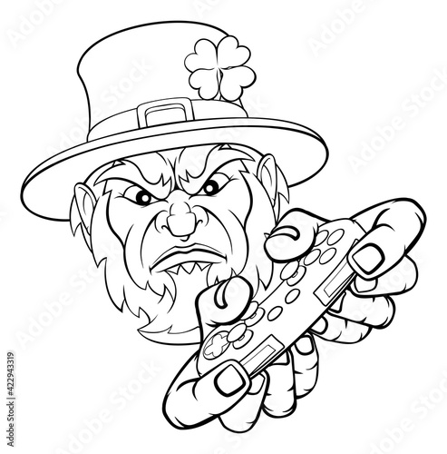 Leprechaun Gamer Mascot and Video Games Controller