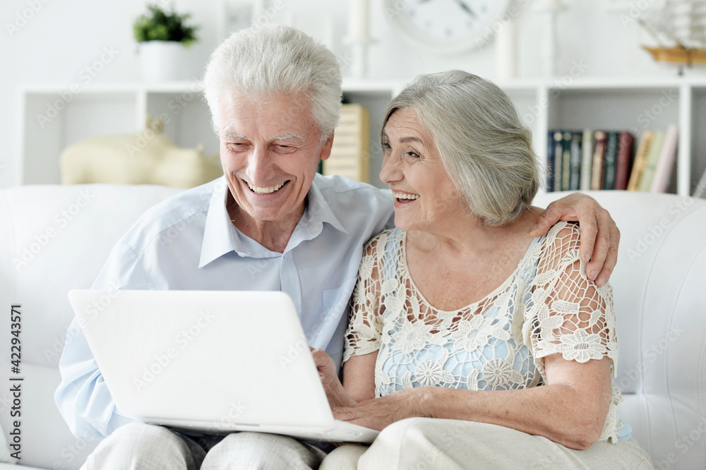 happy senior couple with laptop  at home